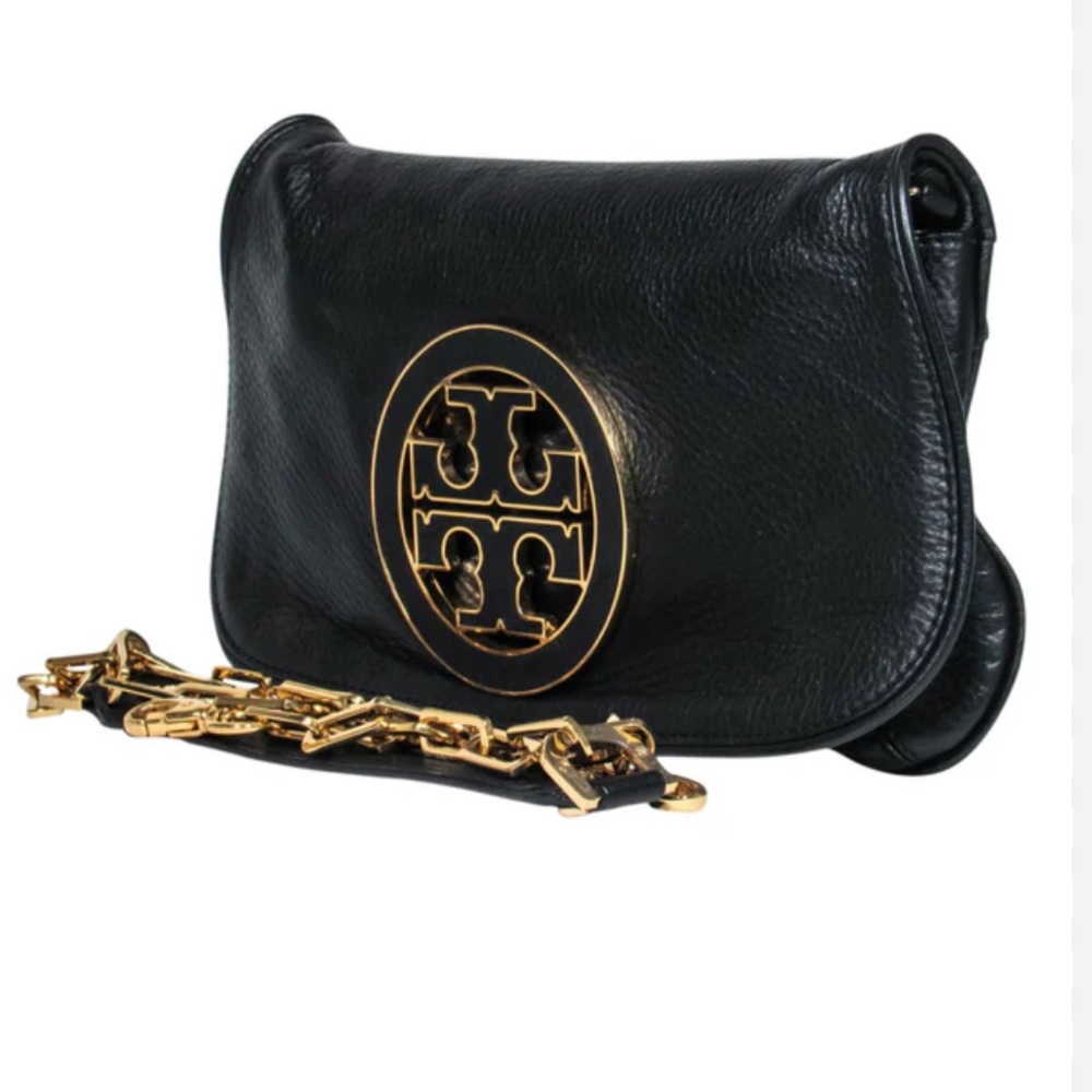 Tory Burch Black Shoulder Bag with Front Gold Emblem and Gold Chain